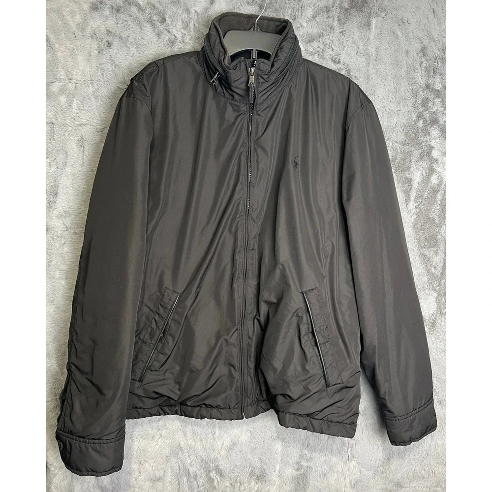 Polo Ralph Lauren Mens Black Full Zip Windbreaker Jacket L Polyester Shell Hood - Picture 1 of 12